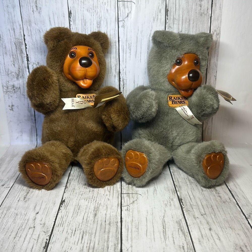 Robert Raikes Bears 12" Woody‎ Bear Wood Face Plush Applause set of 2 Brown Gray